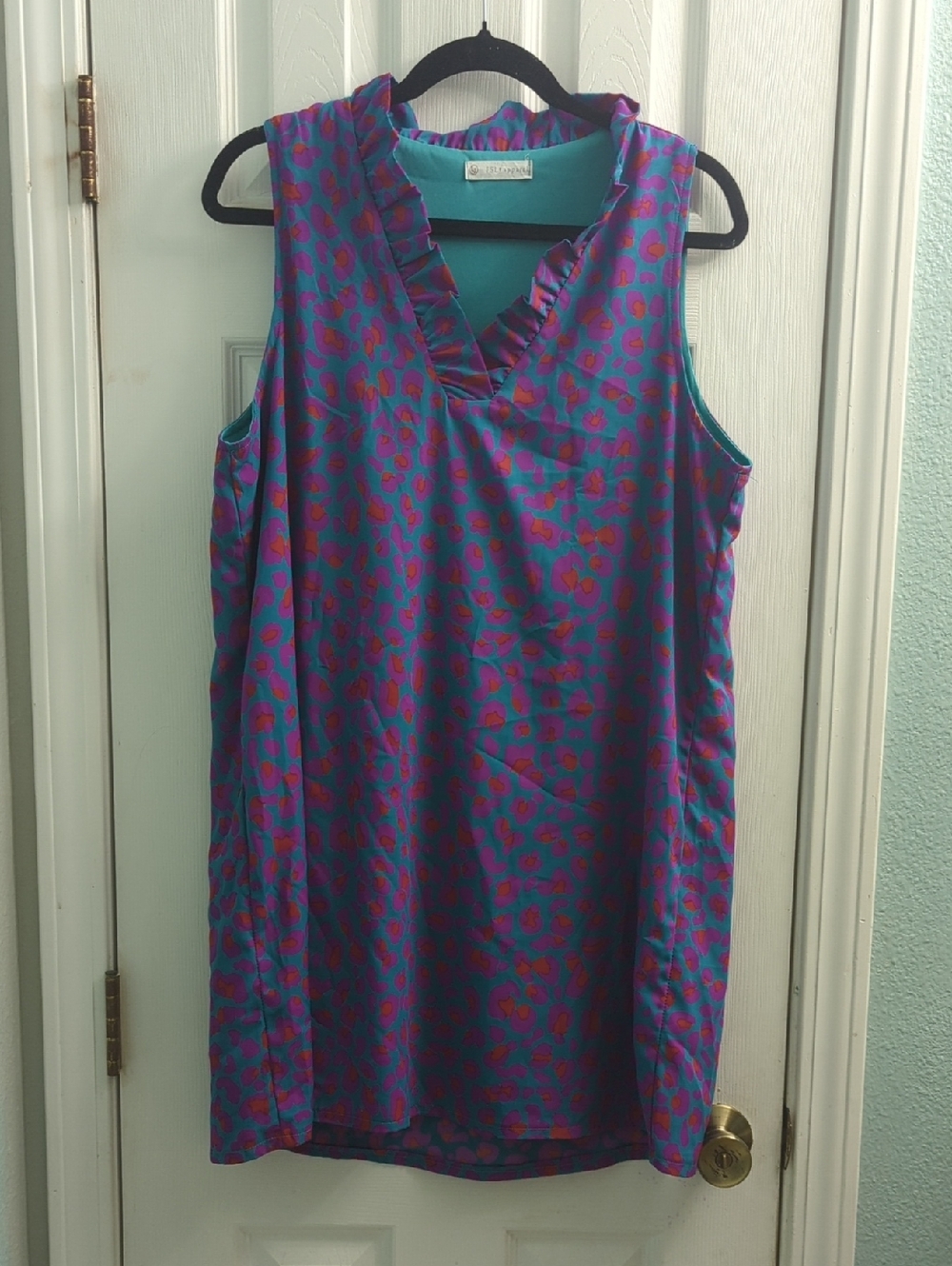 FSL Apparel Sleeveless Ruffled V-Neck Dress in Teal & Magenta